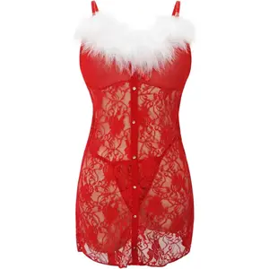 Christmas Women's Sexy Lingerie Lace Sleepwear Babydoll Underwear Xmas Nightwear Red