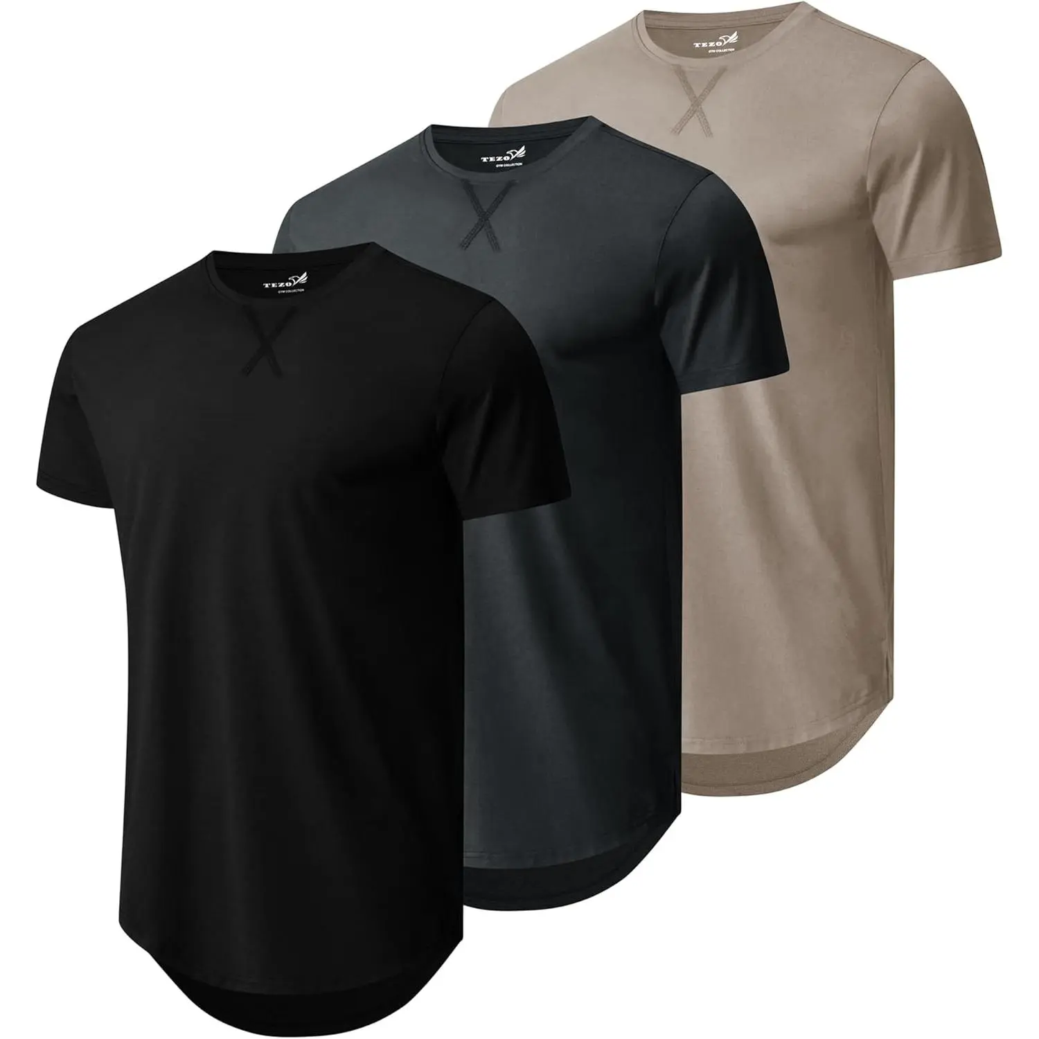 Mens 3 Pack Plain Cotton Shirts Short Sleeve Casual Crew Neck T-Shirts Hipster Hip Hop Longline Tees Drop Cut Curved Hem