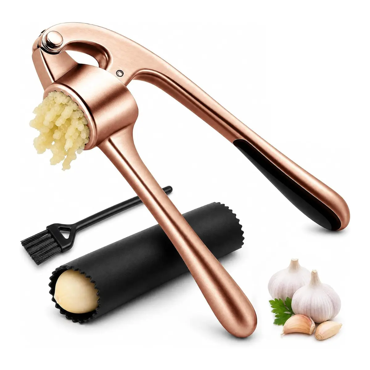 Garlic Press Set with Peeler & Brush, Dishwasher Safe Garlic Crusher