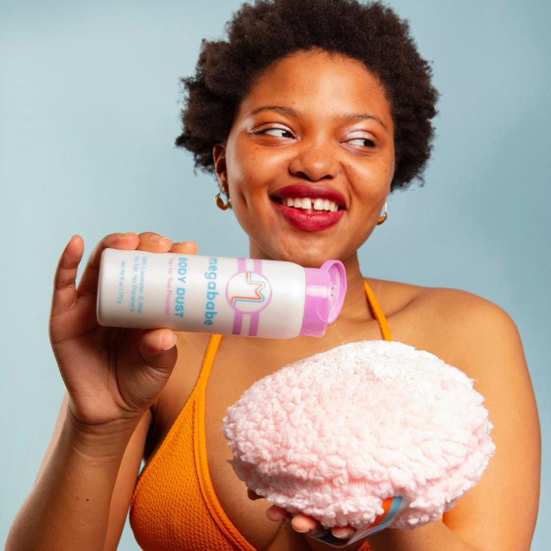 Megababe Body Dust Powder & Dust Puff Applicator Set | Talc-Free Sweat-Absorbing Body Powder (6 oz)