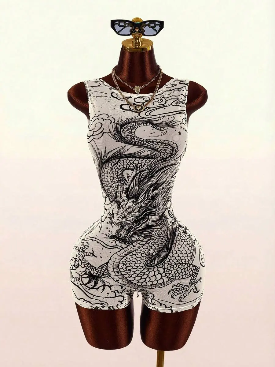 Lunara x Amplova Sexy Street Style Party Back To School Season Dragon Pattern New Chinese Style Women's Fitted Jumpsuit