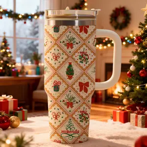 Mikenda 1pc 40oz Stainless Steel Christmas Insulated Mug (1-Pack) with Handle, Pink Christmas Tree and Bow Pattern, Double-walled Vacuum Insulation, Keeps Cold for 12 Hours and Hot for 6 Hours, Comes with Straw and Lid, Perfect Gift Set for Birthdays, Hal