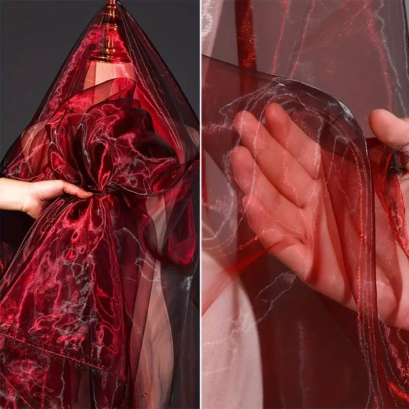 Burgundy shimmer sheer mesh fabric, lightweight DIY sewing material sold by the yard