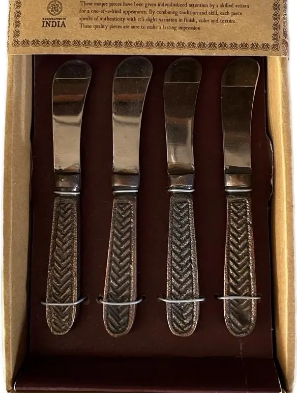 Nickel Silver Butter Knife & Cheese Spreader Set, The Global Market India 4-Piece Cutlery, New in Box (NIB)