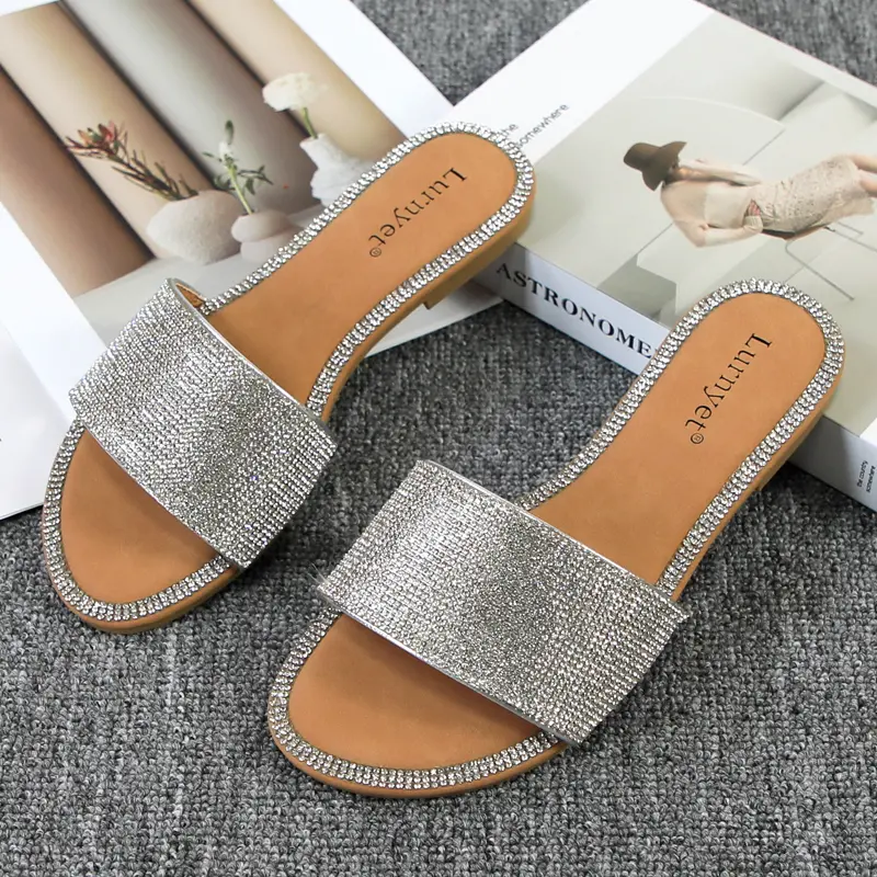 Women's Embellished Rhinestone-Strap Open-Toe Slip-On Flat Heel Sandals - Breathable, Slip-Resistant Footwear Strap Slides for Summer Beach Casual Use, Embellished Sandals, Glitter Slides, Shoe, Fashion Slides