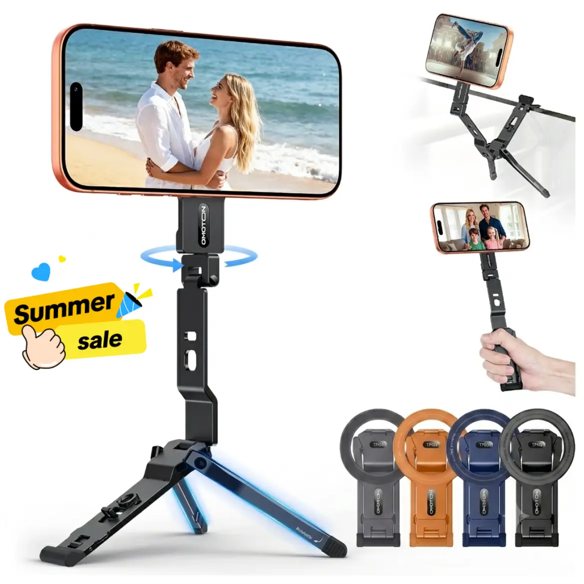 OMOTON TP03 Foldable Aluminium Mini Tripod with Portable Magnetic Cellphone Mount, 1/4 Screw Hole, Hanging Hook - Manufacturer Warranty Mobile Phone Selfie Camera Accessories Stand - Black