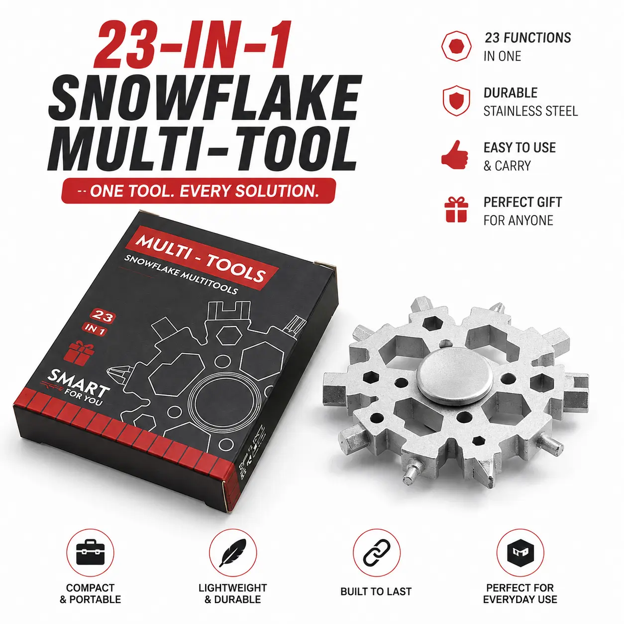 23-in-1 Stainless Steel Snowflake Multi-Tool Spinner, EDC Pocket Wrench Screwdriver Bottle Opener Box Cutter, Compact Portable Survival Gadget Gift for Men