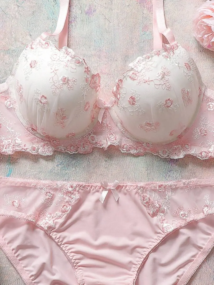 Elorette 2pcs Embroidered Floral Underwire Padded Push Up Comfy Balconette Bra Set, Cute, Fresh, Romantic, Butterfly Decor Babydoll Lingerie Set
