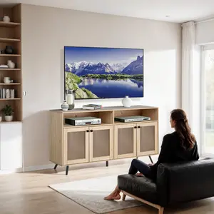 Stockholm Media Console/TV Stand – Modern Scandinavian Design, Fits 65” TVs, Frosted Glass Doors, Ample Storage & Cable Management