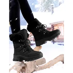 Women's Winter Snow Boots, Large Size Fashionable Comfort High-Top Mid-Calf Lace-Up Shoes, Warm Outdoor Cotton Booties, Trendy Winter Footwear