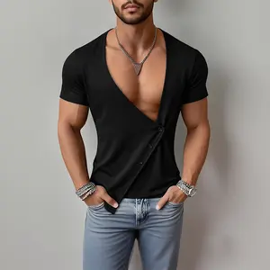 INCERUN Men's Basic Long Sleeve Button-Down Top - Polyester Fabric, Asymmetric Hem, Spring/Summer Basics Shirt, Short-Sleeve Option Available, Black Color Option