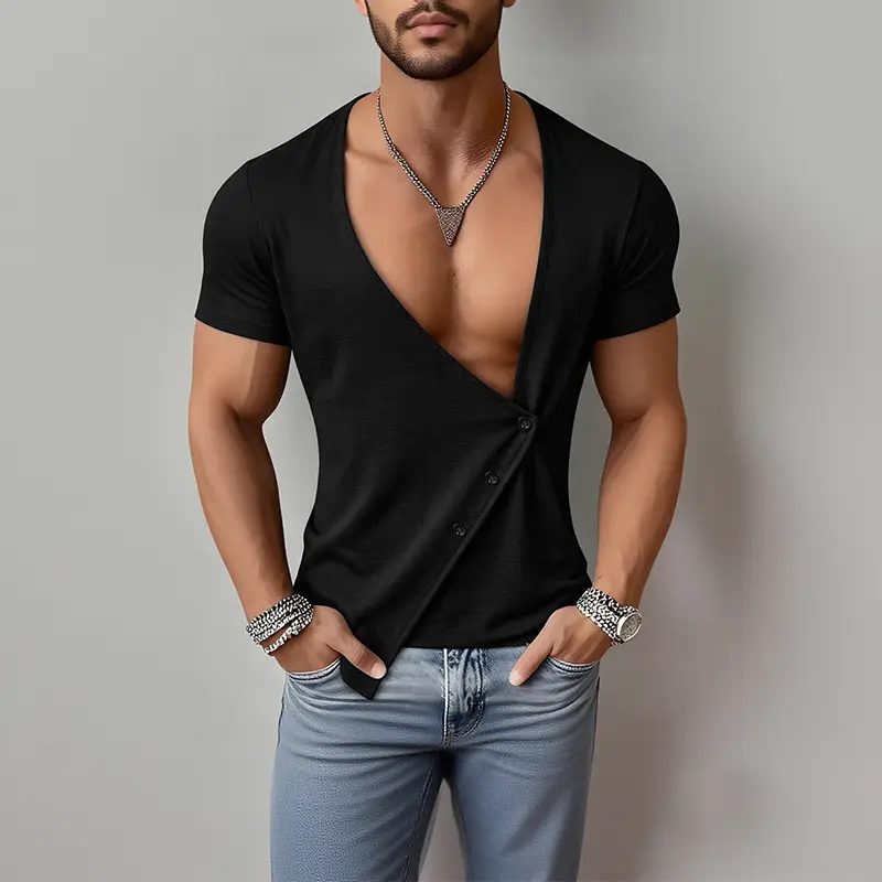 INCERUN Men's Minimalist Solid Color Casual Button-Down Shirt - Polyester-Elastane Fabric, Asymmetric Hem, Spring Basics, Short-Sleeve/Long-Sleeve Options, 2XL Size