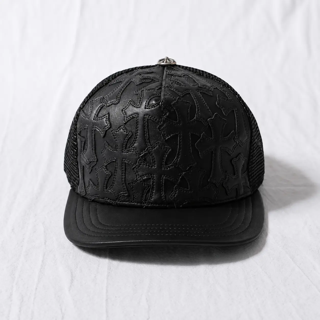 Black CH Cemetery Cross Leather Stitched Trucker Hat, Adjustable Mesh Snapback Cap, Embroidered Baseball Hat