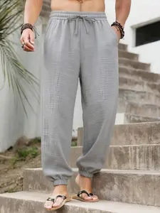 Men's Linen Pants Summer, Lightweight Drawstring Waist Long Pants, Elasticated Design for Casual Wear, Ideal for Travel & Daily Use