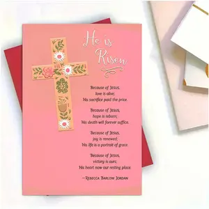 He Is Risen Christian Easter Greeting Card, Vintage Folk Floral Cross Style, Inspirational Resurrection Scripture, Perfect for Church
