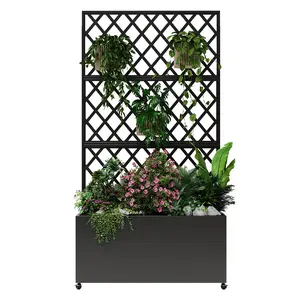 Galvanized Steel Raised Garden Beds with Trellis, 71"X46"X16" Outdoor Space Saver Planter Box with Lock Wheels (Lockable), Drainage Holes & Privacy Screen, Deck Ready for Vegetables, Vines on Patio