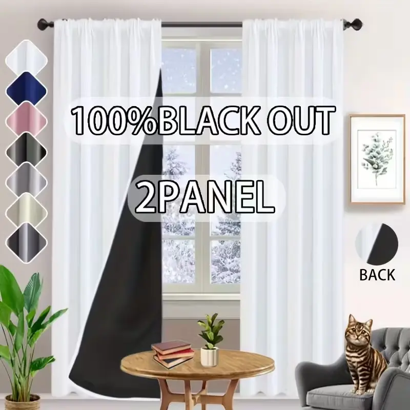 2 Pcs, Solid-color 100% Blackout Curtains, Available in Beige, Grey, Rod Pocket Design, with Black Lining Coating, Features: Noise Reduction, UV Blocking, Suitable for home and office, Window Curtains, Blackout Window Cover