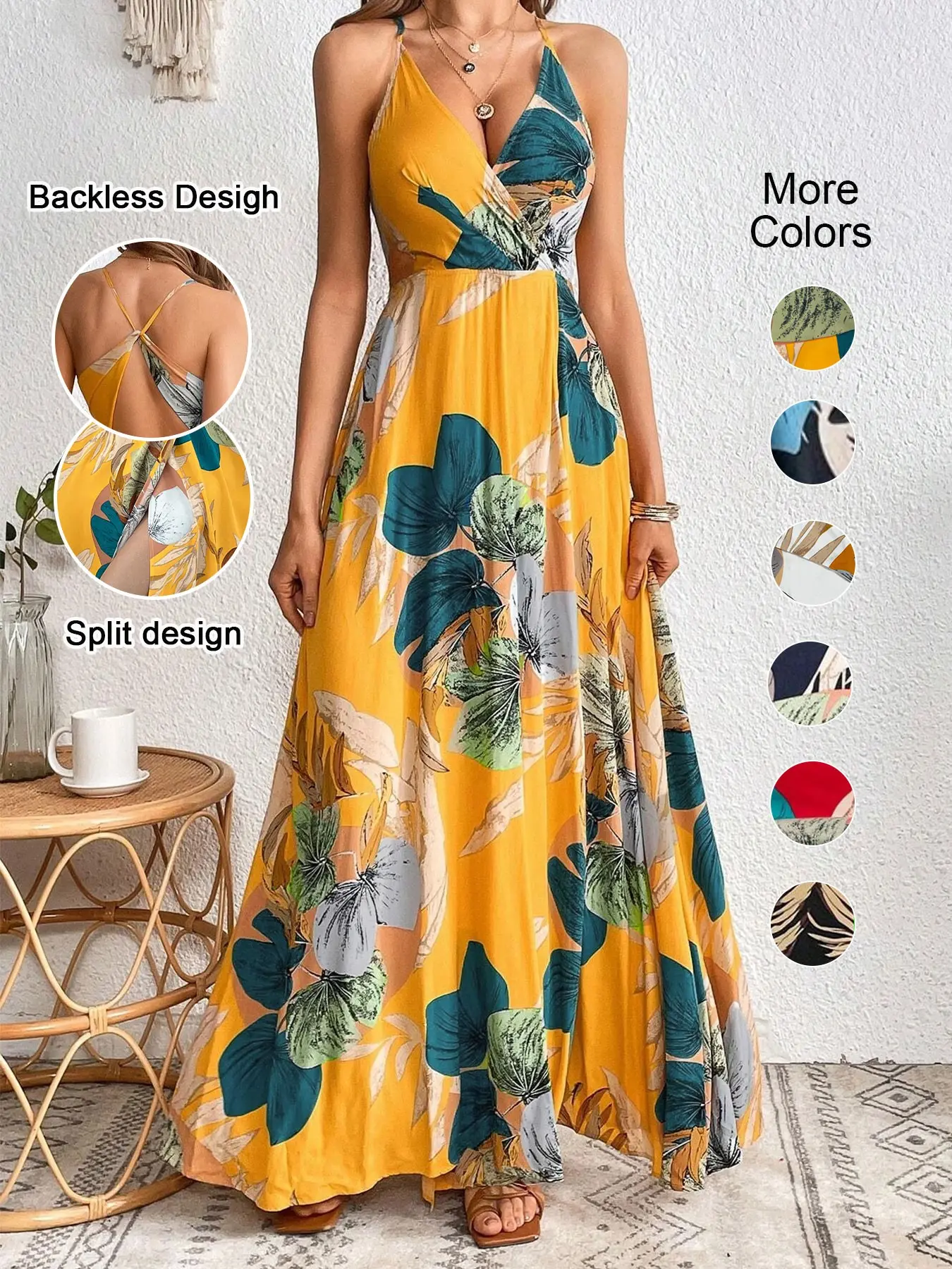 Women's Fitted Tropical Print Split-Thigh Dress, Boho Style Bohemian Backless Cut Out Design Spaghetti Strap Sleeveless Dress, Perfect for Summer Vacation
