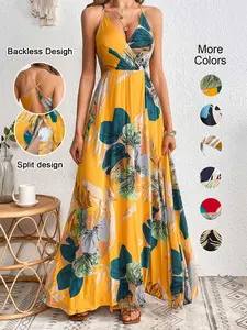 Women's Fitted Tropical Print Split-Thigh Dress, Boho Style Backless Cut Out Design Sleeveless Dress, Perfect for Summer Vacation
