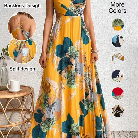 Women's Fitted Tropical Print Split-Thigh Dress, Boho Style Bohemian Backless Cut Out Design Sleeveless Dress, Perfect for Summer Vacation, Boho Beach Dress