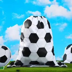 5pcs Soccer Party Favors Bags - Hexagon Pattern Drawstring Closure Treat Bags, White & Black Sports Theme Backpacks with Practical Pockets for Soccer Birthday Decorations, Team Gifts & Outdoor Events