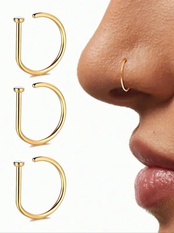 9pcs Women And men Fake Piercing Nose Ring Gold Stainless Steel D-Type Simple American Style Personalized Letters Hip-Hop Street Style Non Perforated Accessories Fake Nose Studs