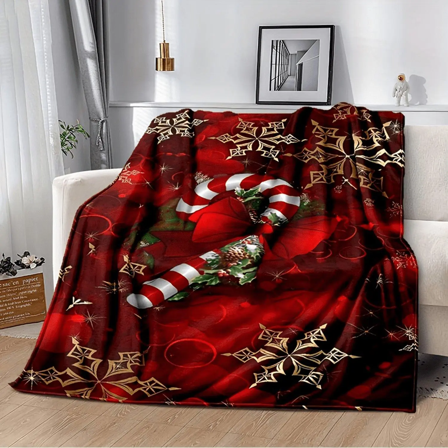 1pc Luxury Plush Flannel Blanket - Red & Burgundy Christmas Theme with Snowflakes, Candy Canes & Holly - Soft Warm Bedspread for s,, Couch - All-Season Cozy Gift (Quilted Look, No-Sew Edges) - Holiday Bedding Access
