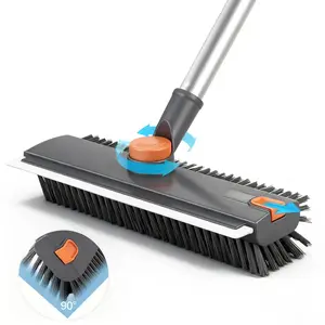 3 in 1 Floor Scrub Brush with 360° Rotating Head & 90° Corners Brush for Patio Shower Garage Deck Tile Concrete & Wood Surfaces Heavy-Duty Stiff Bristle Broom with Long Handle and Hidden Hair Clip - Wooden