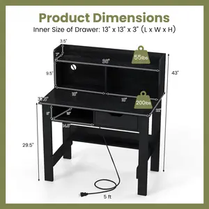 COSTWAY - Computer Desk with Power Outlets USB Ports and Type-C-Black