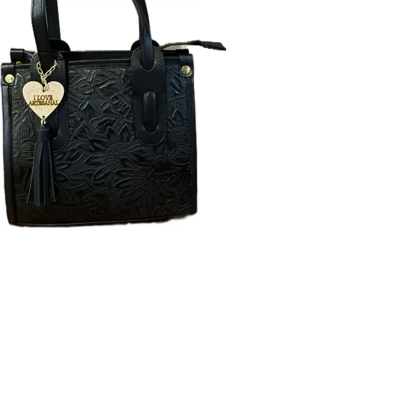 Authentic Black Leather Purse Handbag Made in Mexico with Care and Precision Floral Engravings on Leather