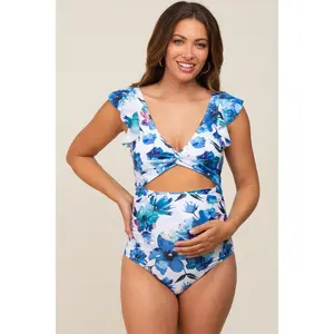 Blue Floral Cutout Flutter One Piece Maternity Swimsuit