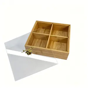Bamboo Divided Snack Box with Lid, 4-Compartment Candy & Nut Storage Container with Gold Deer Handle,kitchen accessories