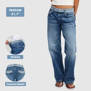 Flamingals Women’s Colorblock Flap Pocket Low Rise Straight Leg Jeans– Mum-Friendly, super fit, High Stretch Denim, Style Baggy-Inspired, Comfortable, Stretchy Wide Leg, Basic Minimalist Bottoms