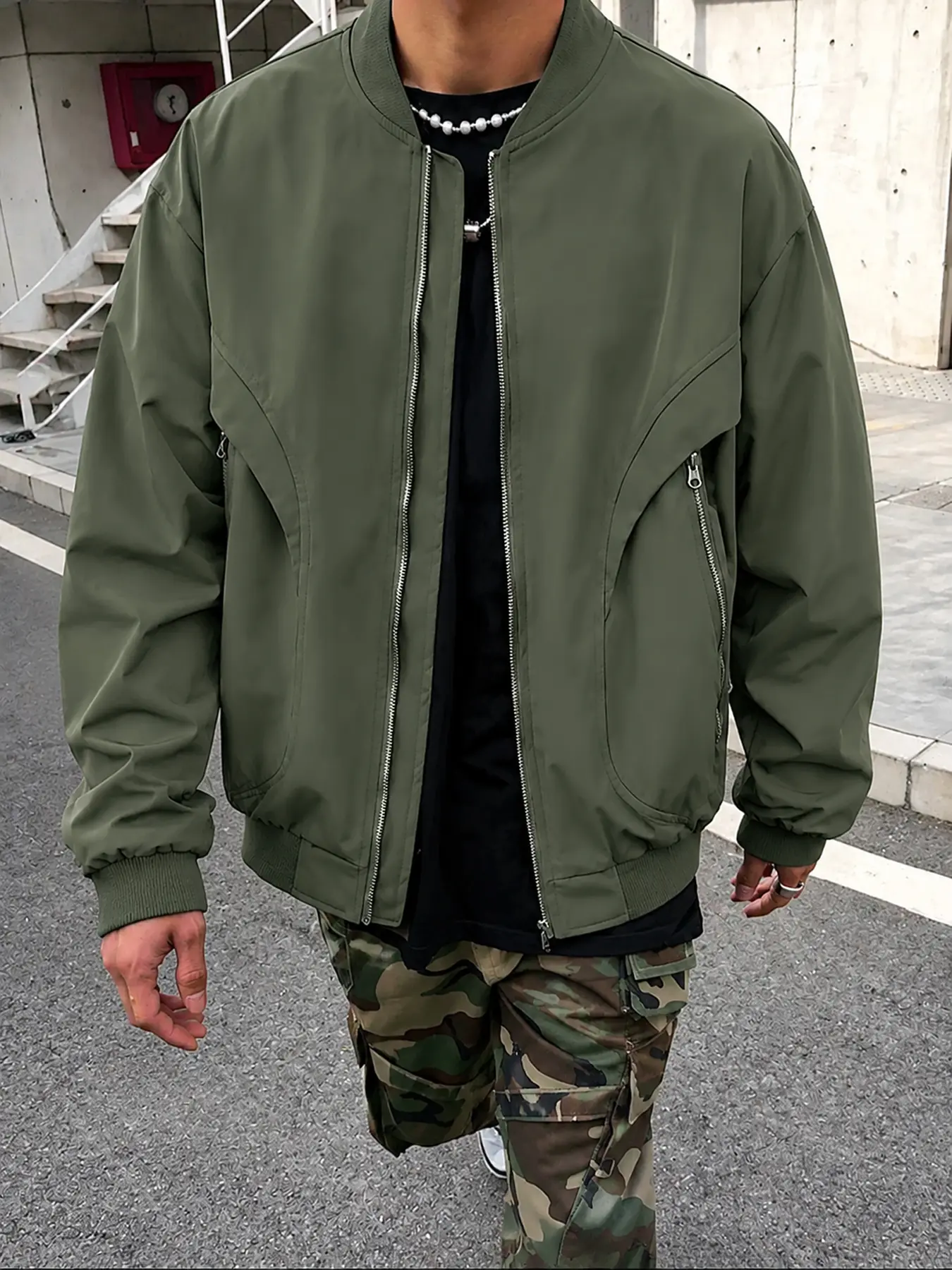 Men's Lightweight Bomber Jacket, Zip Up Flight Jacket with Ribbed Collar and Side Zip Pockets for Casual Streetwear, Minimalist Layering Outerwear for Campus and Everyday Fall Outfits