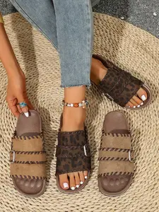 Women's Retro Suede Flat Mules, Comfortable Slip-On Slippers, Leopard Pattern, PU Leather, Rubber Sole, Casual Style, Summer Walking Shoes