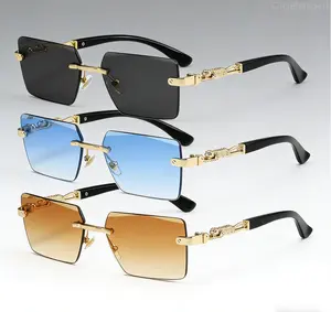 Vintage Rimless Square Sunglasses 3-Pack Cut Edge UV400 Protection Leopard Decorative Gradient Lenses for Women Men