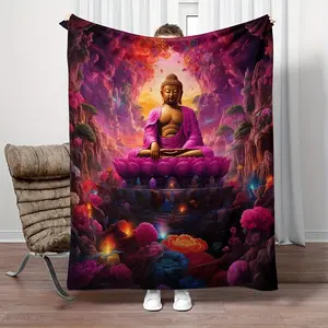 1pc Sitting On Lotus Buddha Copper Statue Print Blanket, Flannel Blanket, Soft Warm Throw Blanket Multi-purpose Blanket For Couch Sofa Bed Office Camping Travelling