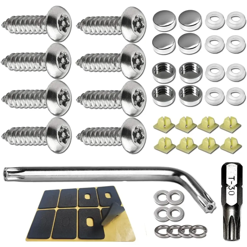 License Plate Screws Anti Theft Stainless Steel Tamper Resistant Locking Front or Rear Car Tag Frames Bolts Set 1/4 Metric M6 Security Rust Proof Self Tapping Screws Fasteners Nut Chrome Caps