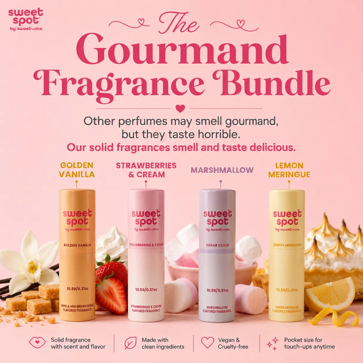 The Gourmand Fragrance Bundle- Strawberries and Cream, Golden Vanilla, Marshmallow and Lemon Meringue Pie Fragrances with Scent and Flavor- Solid Fragrance- Kissable Fragrance- Gourmand