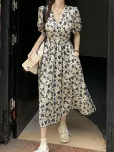 Summer Lightweight Cream Color Floral Detail A-Line Dress, Simple Round Neck Short Sleeve Sweet Style for Women