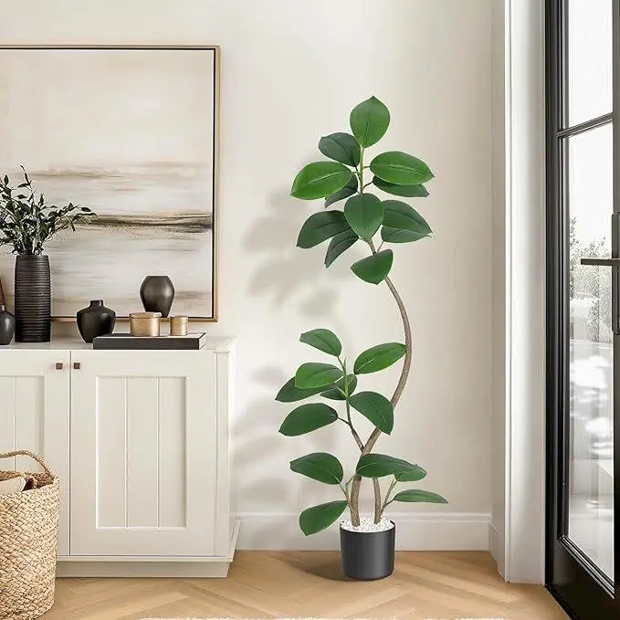 GARVEE 6FT Artificial Tropical Rubber Tree - Nature-Inspired Faux Plant with Black Resin Pot, White Stones, Lightweight Design for Home Decor, Ideal Gift, Room Decor