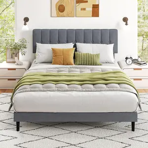 Gray Linen Upholstered Bed with Sponge, Density Board and Iron