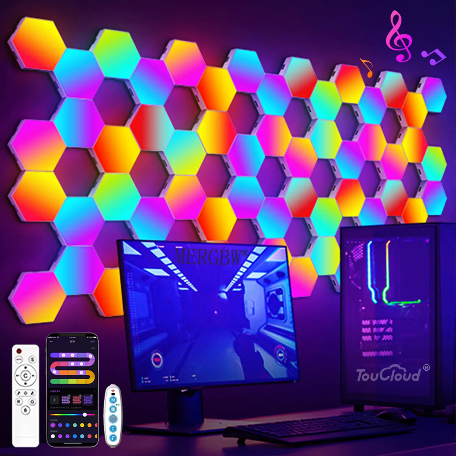 RGB Smart Hexagonal Wall Lamp, Color Changing Ambient Night Light, DIY Assembled Shape, Music Rhythm Sync, APP Control for Game Room Bedroom