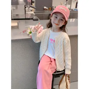 Girls' Stretchy Knit Cardigan - Soft Zip-Up Round Neck Sweater for Spring & Fall, Casual Solid Color Long Sleeve Top, Hand Washable Regular Fit for Youngsters to Big Youngsters, Youngsters Layering Piece, Neutral Tone Apparel, Easycare Material