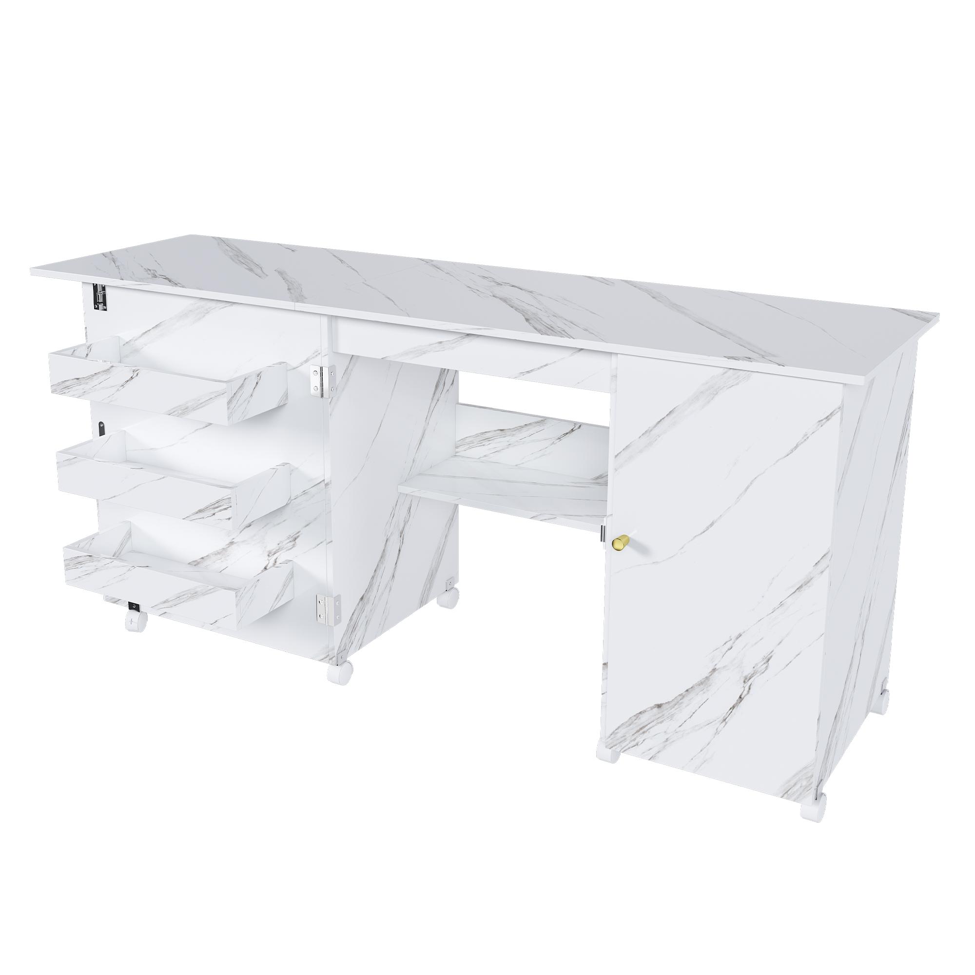 57.5" Foldable Sewing Machine Table with Locking Casters, Multi-Storage Craft Station with Shelves, Bins & Cabinet, Adjustable Sewing Cabinet for Home, Bedroom, and Craft Room(White)
