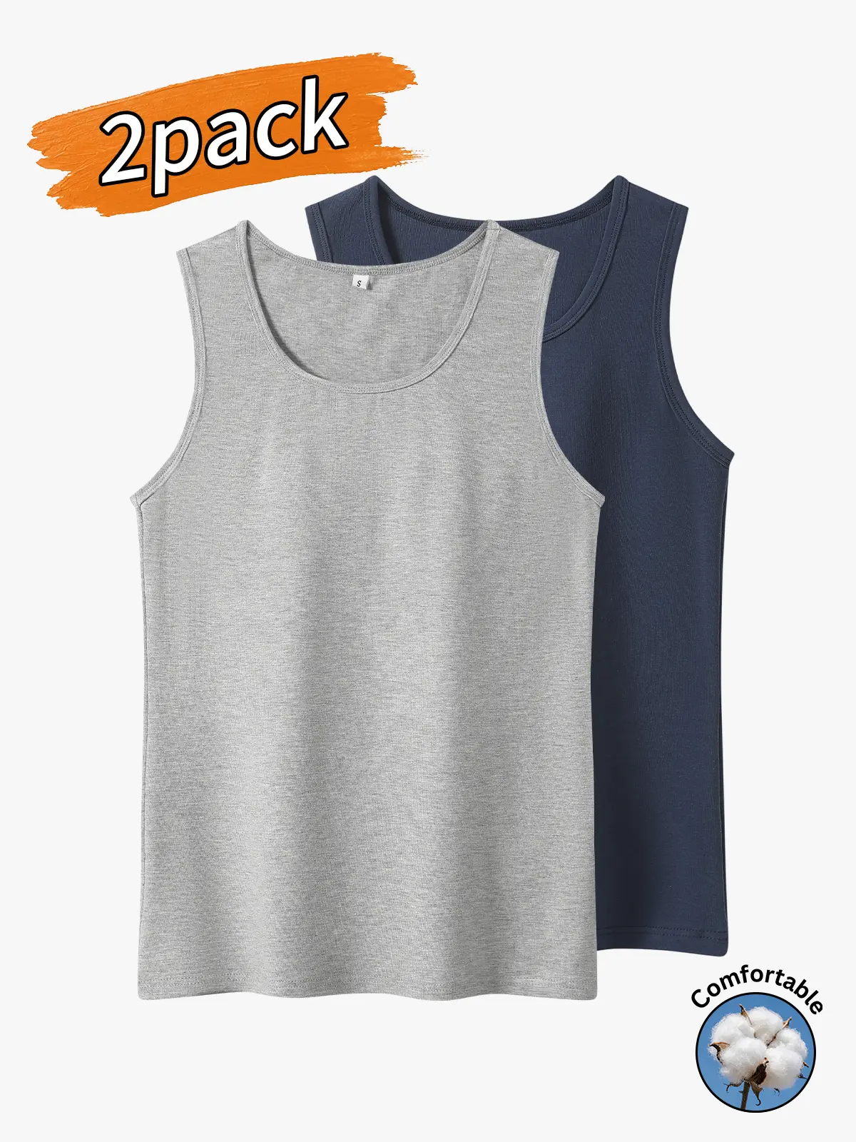 2-pack men’s tops, men’s casual tank tops, men’s solid-color casual versatile tank tops.Cotton tank top with a slightly loose fit that suits various body types, featuring a simple crew neck with reinforced edging and widened, reinforced shoulder straps to