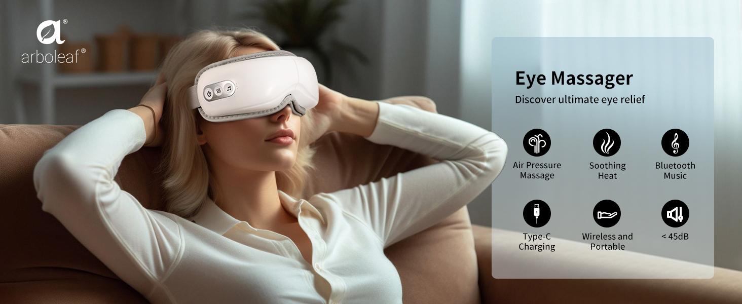 arboleaf Eye Massager with Heat, Heated Eye Massager for Migraines with Compression and Music, Wireless Eye Mask Massager with Heat, 5 Modes Portable Massaging Eye mask for Relieve Eye Strain