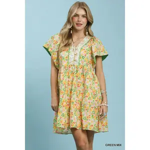 UMGEE Mix Floral Tiered Mini Dress with Side Pockets