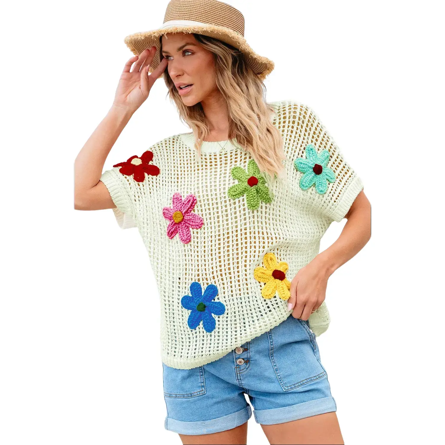 White Crochet Flower Hollow-out Sweater T Shirt