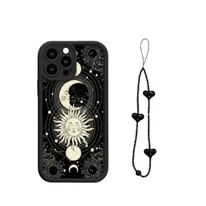 Unique Phone Case Bracelet for iPhone 15/15 Plus/15 Pro/15 Pro Max, Moon Texture Fashion, Matte Finish, Heart Beads Strap